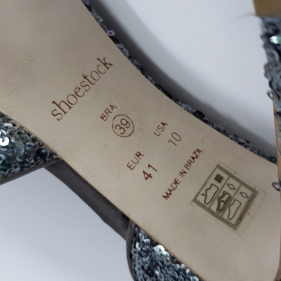 SHOESTOCK women US 10 EU 41 silver pewter heels peep toe sequin open Dorsay side - Picture 7 of 11